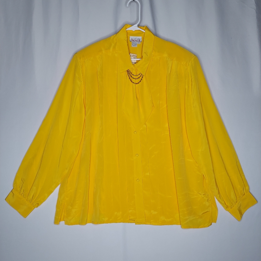 Fitting‎ Image Button Collar Shirt Womens 26W Gold Bow Tie Pleated 80s Old Money